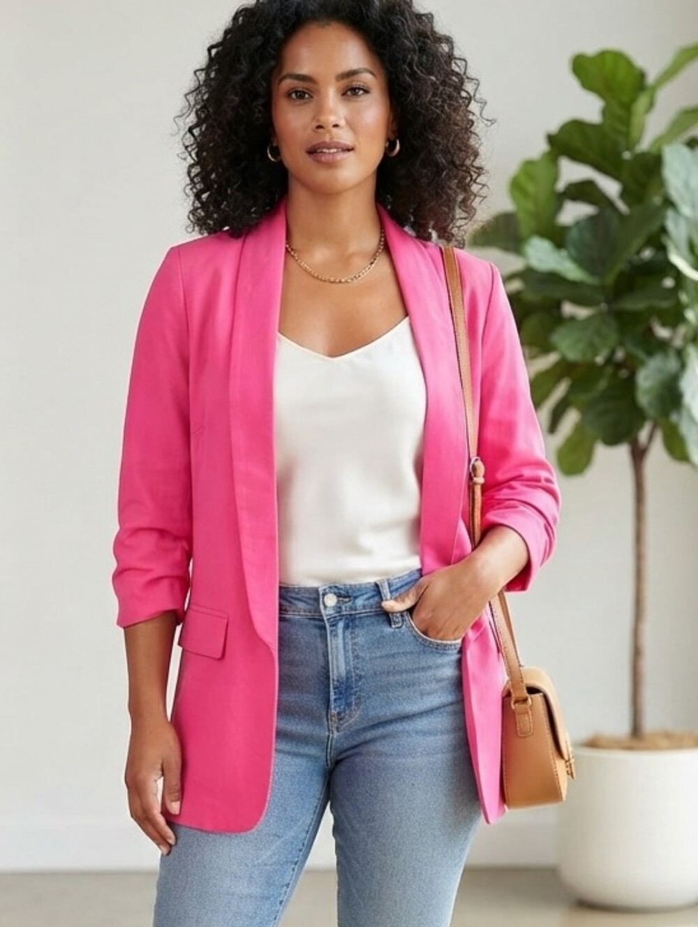 Milk And Honey Pink Ruched Sleeves Open Blazer Sz M